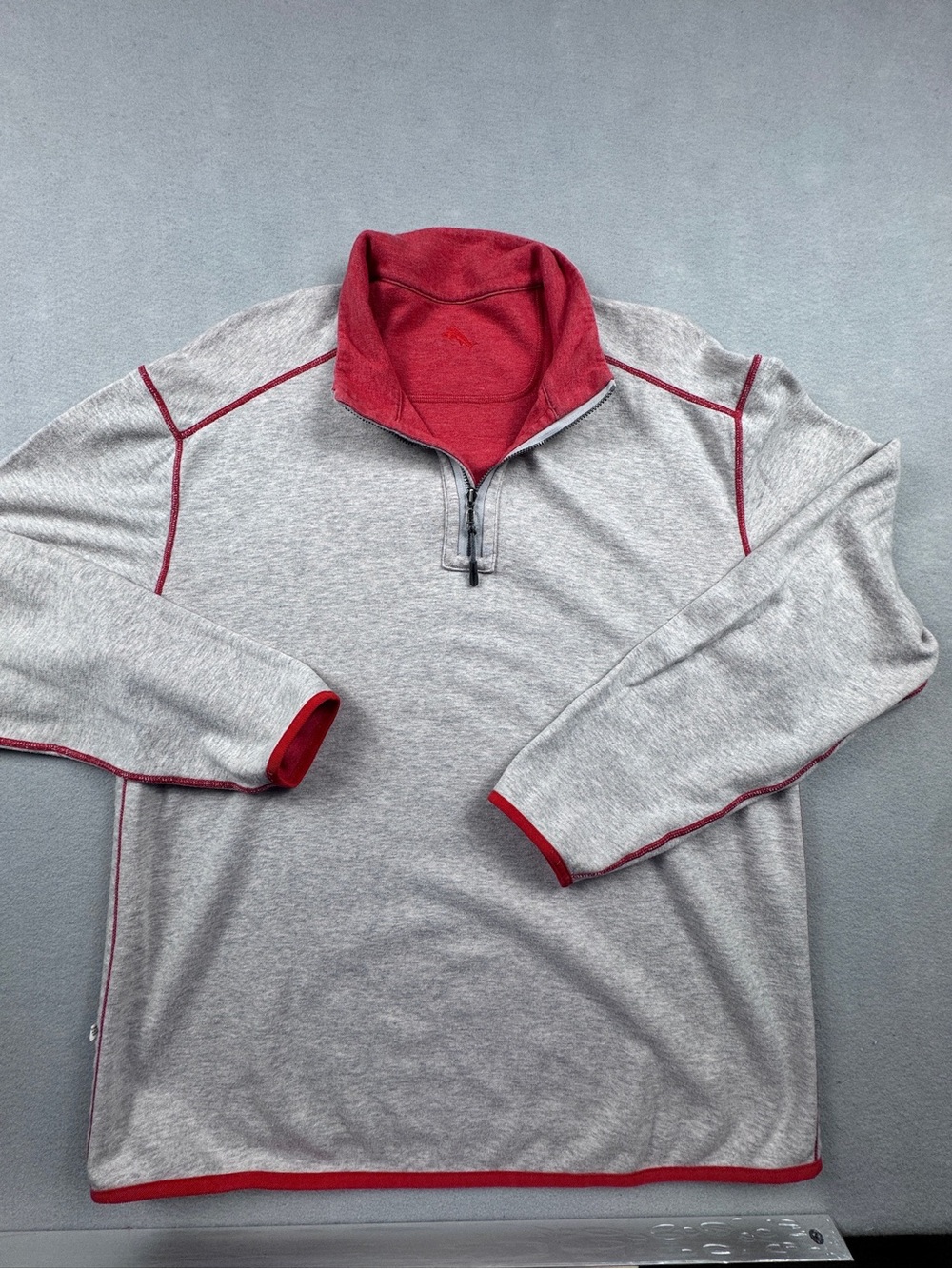 Tommy Bahama Mens Large Sweater Reversible Quarter Zip Red Gray Classic Dad Fall
